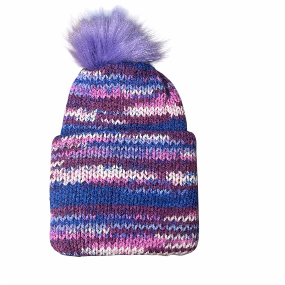 Purple and multi color knitted hat by me with purple removable pom
